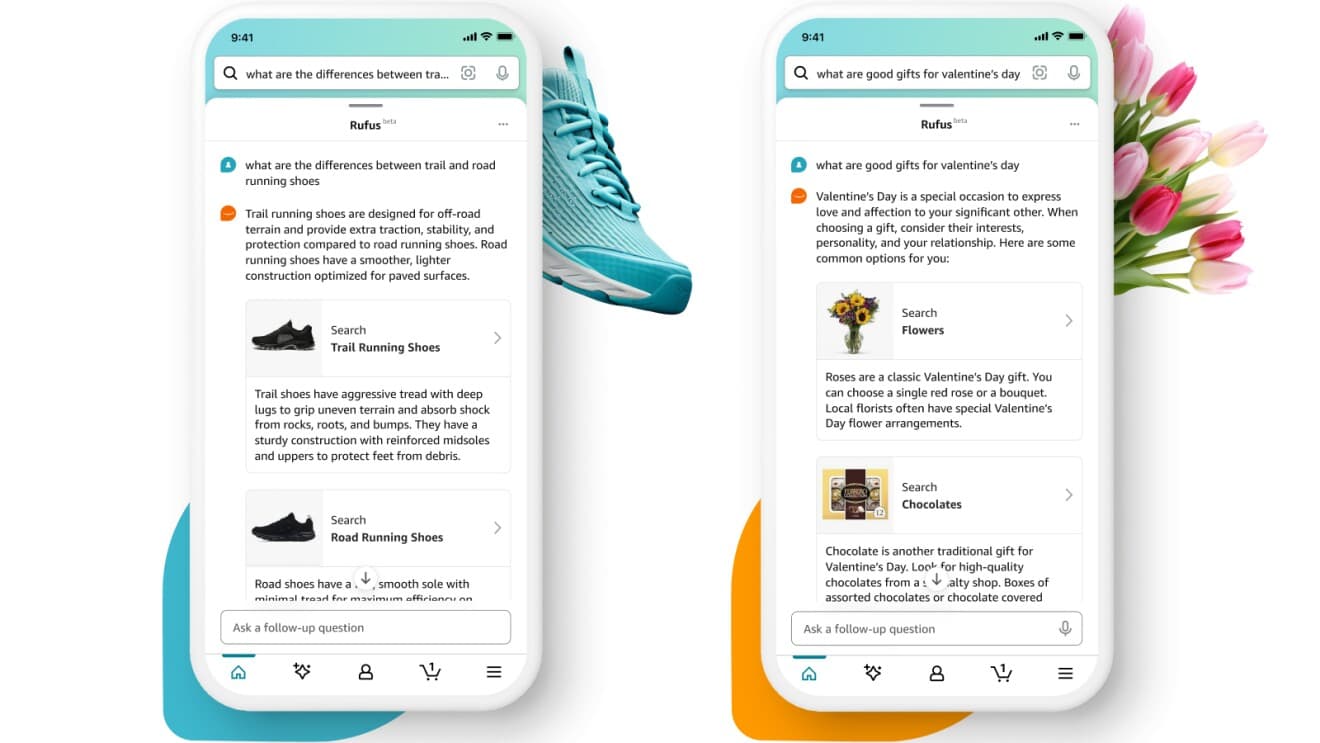 Amazon Rufus, the company's AI shopping assistant, shown across two phone screens