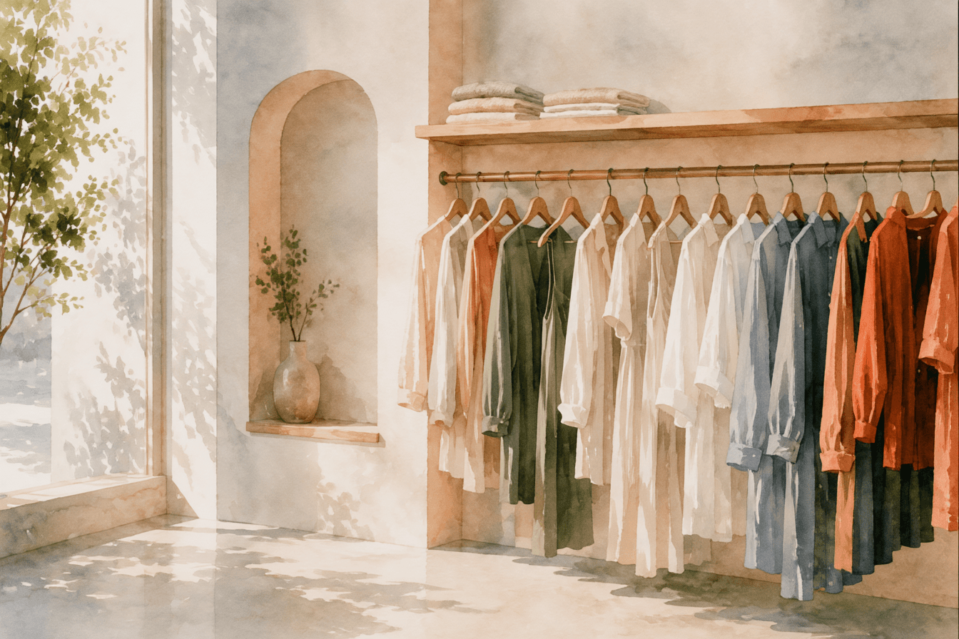 A clothing collection displayed beneath a stone arch in a sunlit store