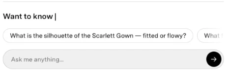 A.L.C. product-page question asking whether the Scarlett Gown silhouette is fitted or flowy, with an input for another question