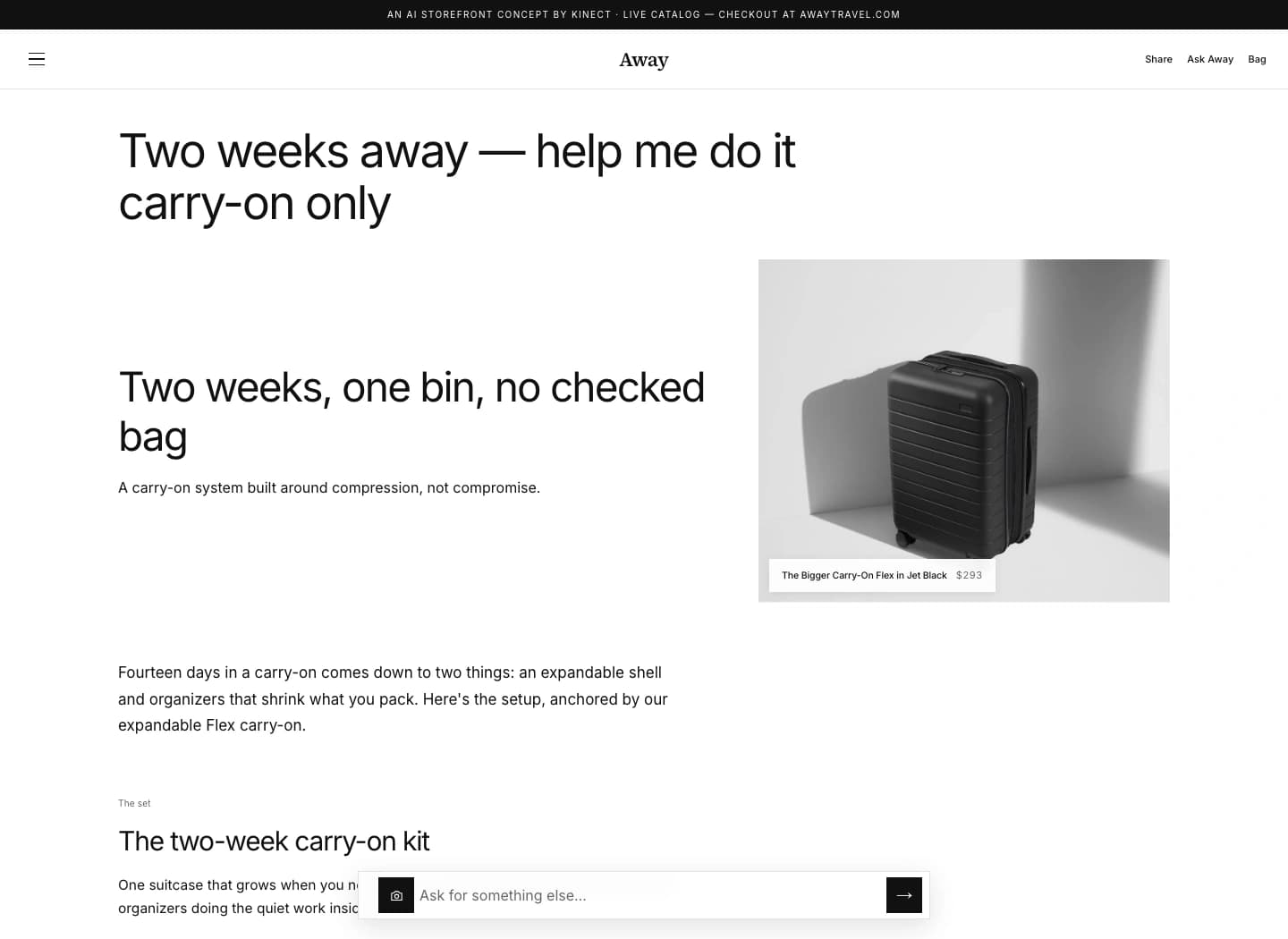 Kinect’s Away concept showing an actual generated carry-on travel set for a two-week trip