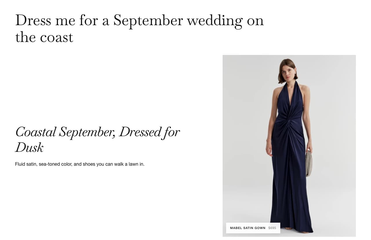 A generative A.L.C. storefront composed from the ask, dress me for a September wedding on the coast