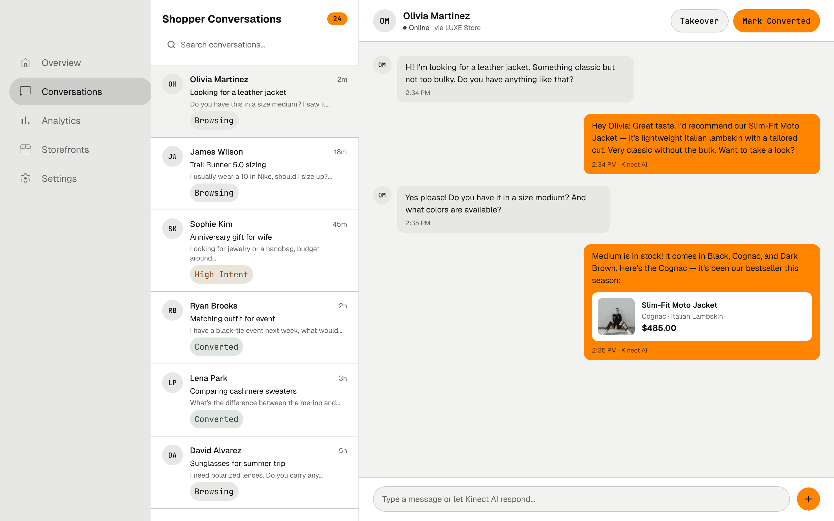 Kinect conversations dashboard showing live shopper chats with intent labels