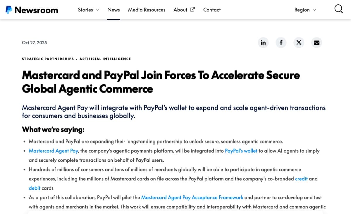 PayPal newsroom announcement, October 27 2025: Mastercard and PayPal Join Forces To Accelerate Secure Global Agentic Commerce