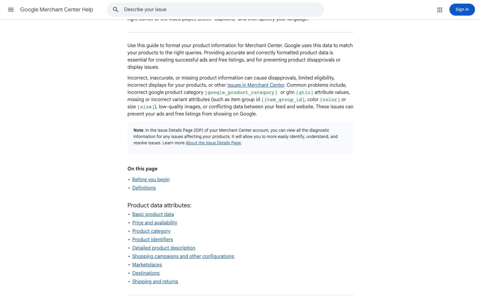 Google Merchant Center product data specification page listing common problems, including incorrect google_product_category or gtin values, missing variant attributes such as item_group_id, low-quality images, and conflicting data between feed and website