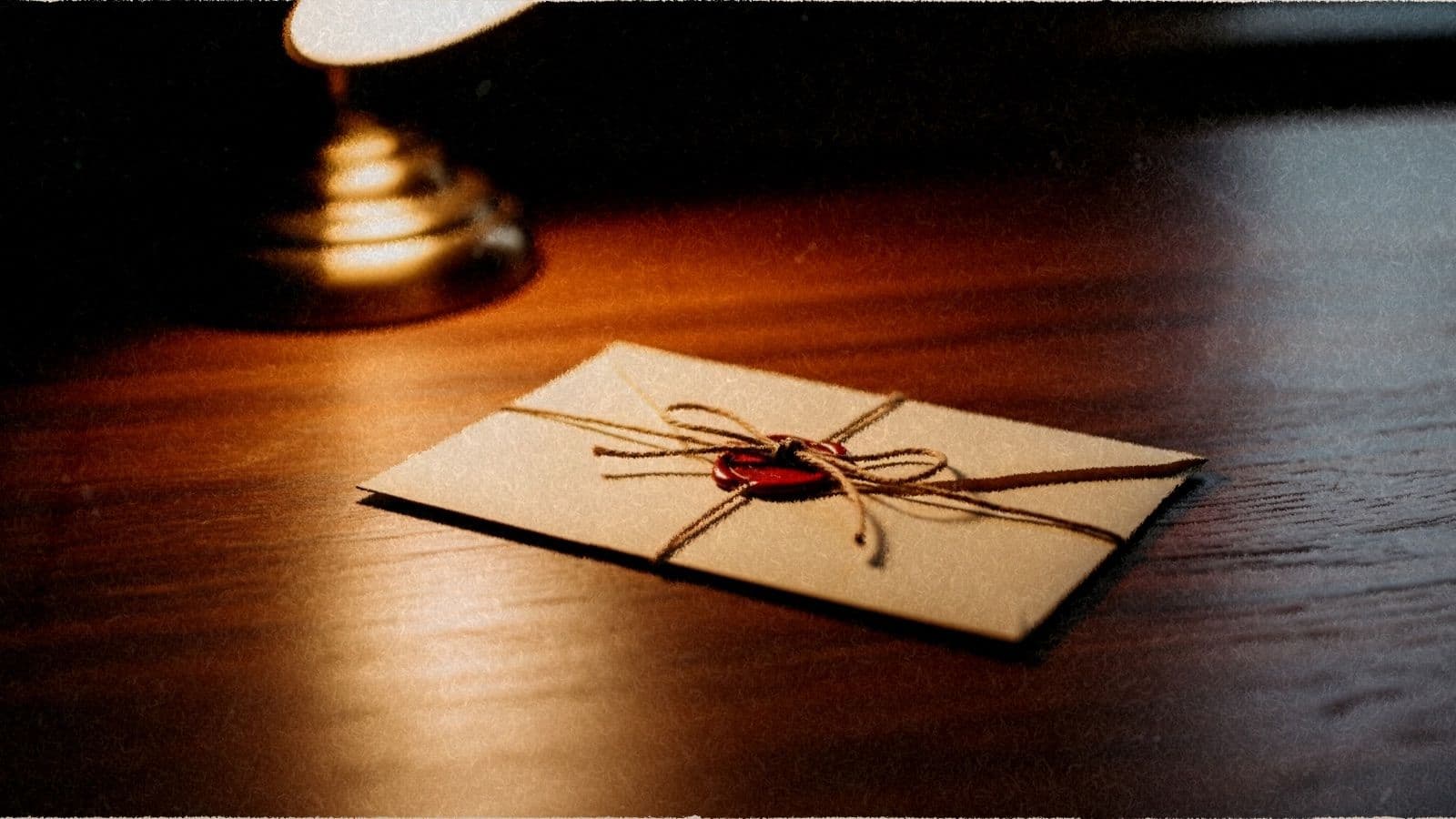 A cream envelope sealed with dark red wax and twine on a wooden desk.