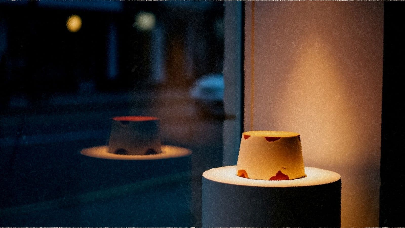 A single product pedestal spotlit in a warm shop window at dusk.