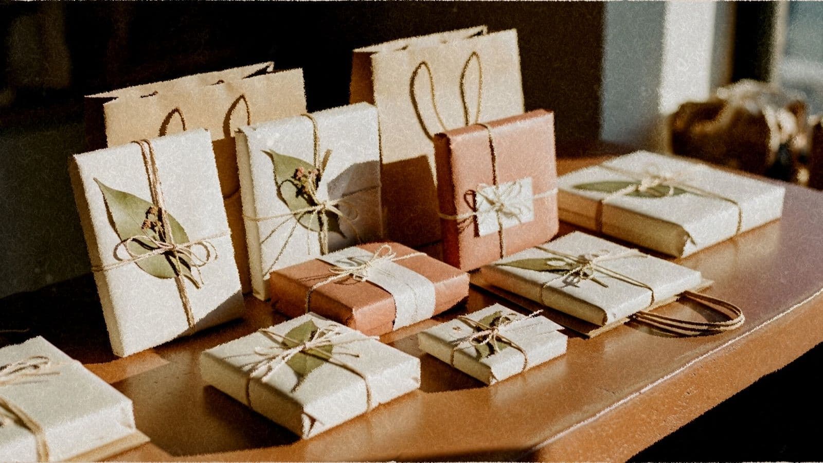 Wrapped paper parcels and shopping bags on a warm boutique counter.