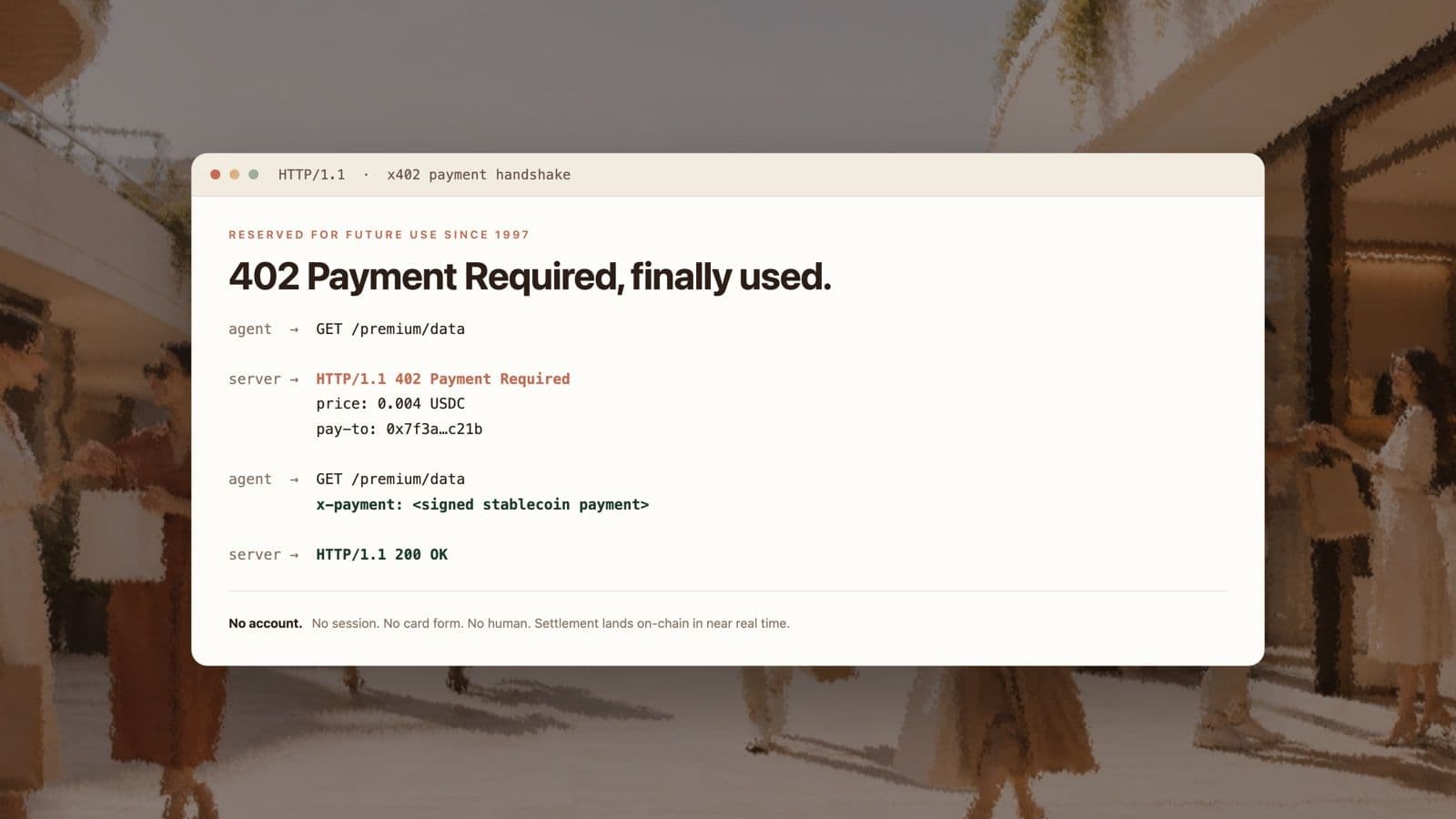 The x402 payment handshake shown as HTTP traffic: an agent requests a resource, the server answers 402 Payment Required with a price and pay-to address, the agent retries with a signed stablecoin payment header, and the server returns 200 OK.
