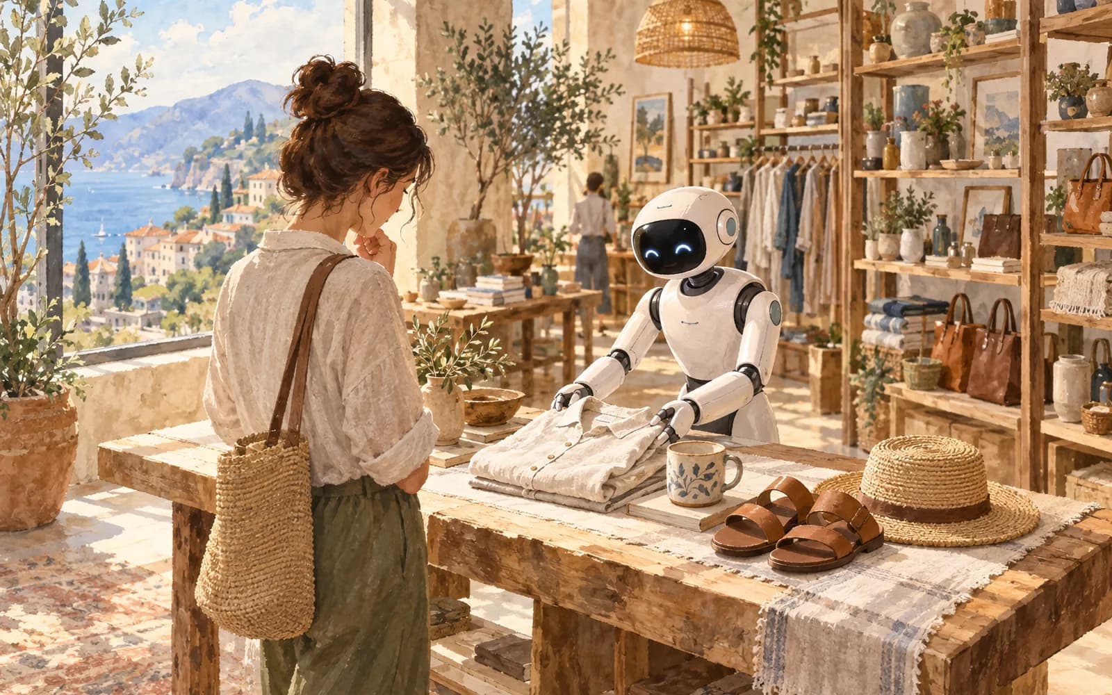 A white robot arranges a small curated set of complementary products on a boutique table for one shopper.