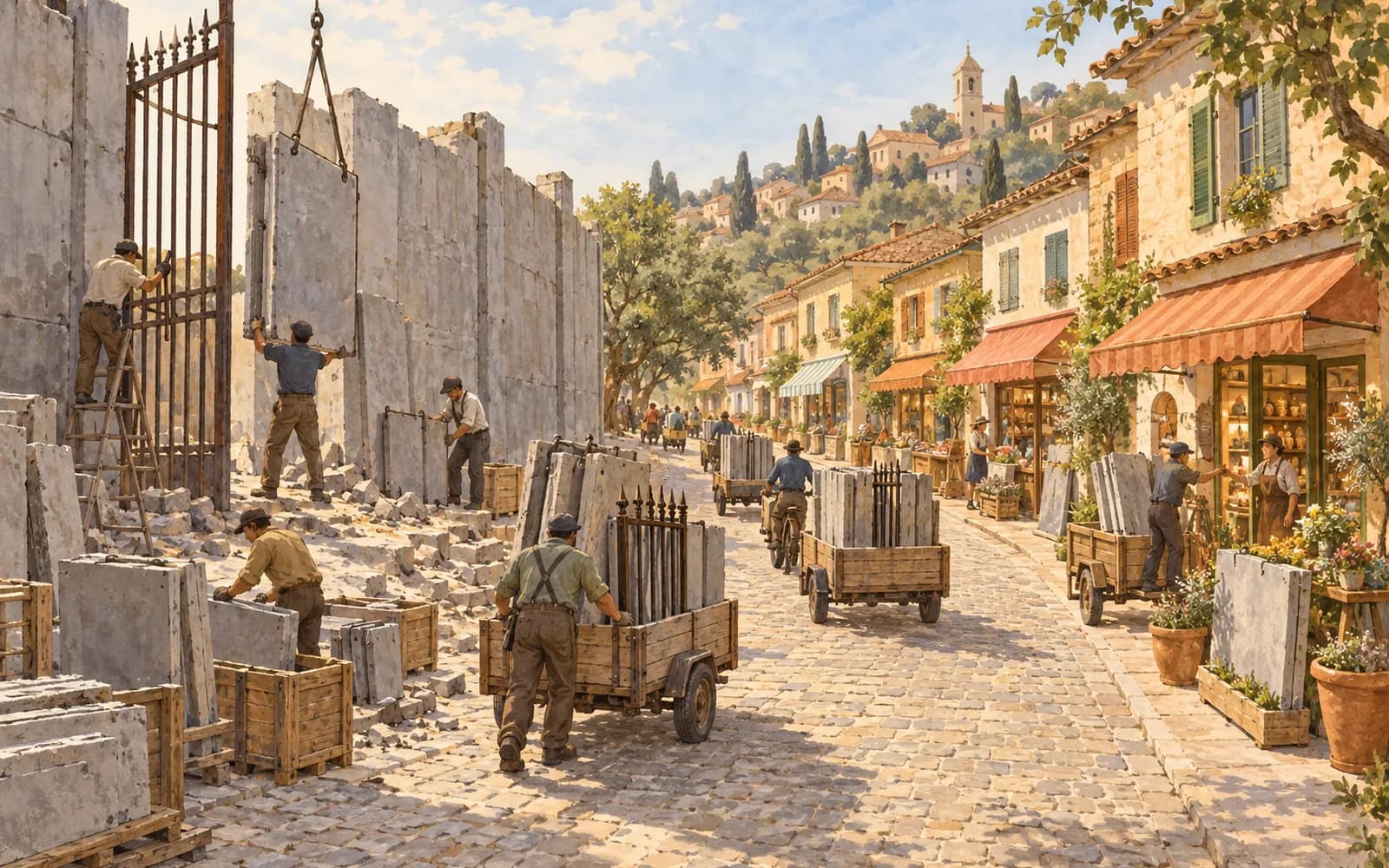 Sections of a tall grey gated wall are crated and carted down a street toward small independent storefronts.