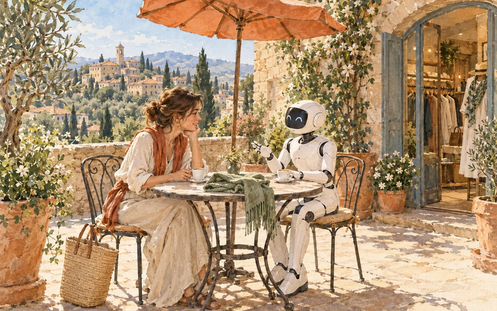 A shopper and a white robot chat at a café table under a terracotta umbrella with one chosen scarf between them.