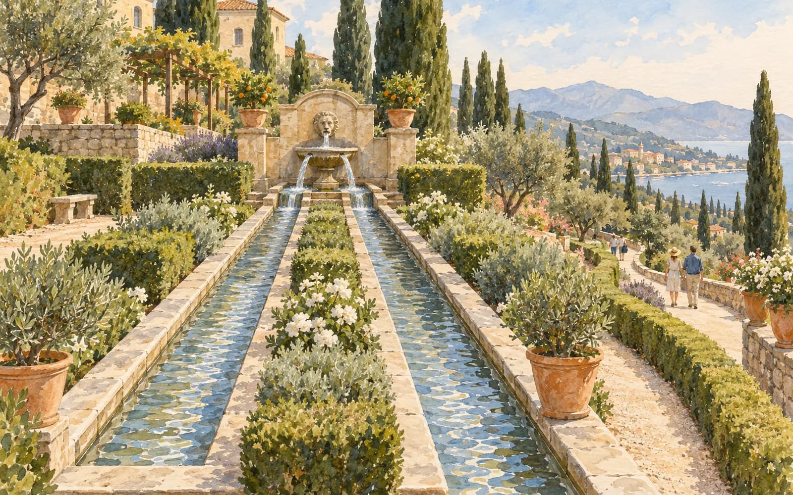 A fountain splits into two identical stone channels through a garden while a separate footpath winds away on its own.
