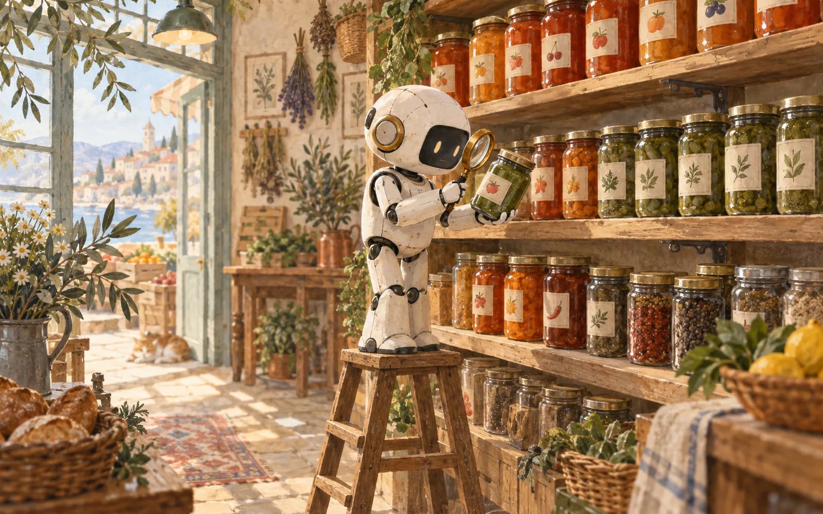 A white robot examines one mislabeled jar with a magnifying glass on a wall of neatly labeled jars.