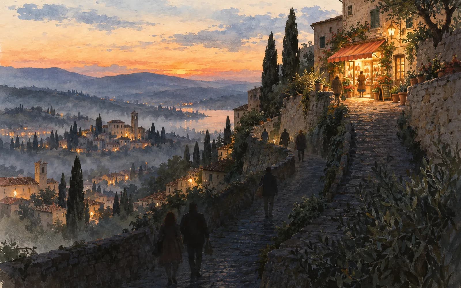 One lit shop glows at the top of a hill while the winding road below it is lost in dusk and mist.