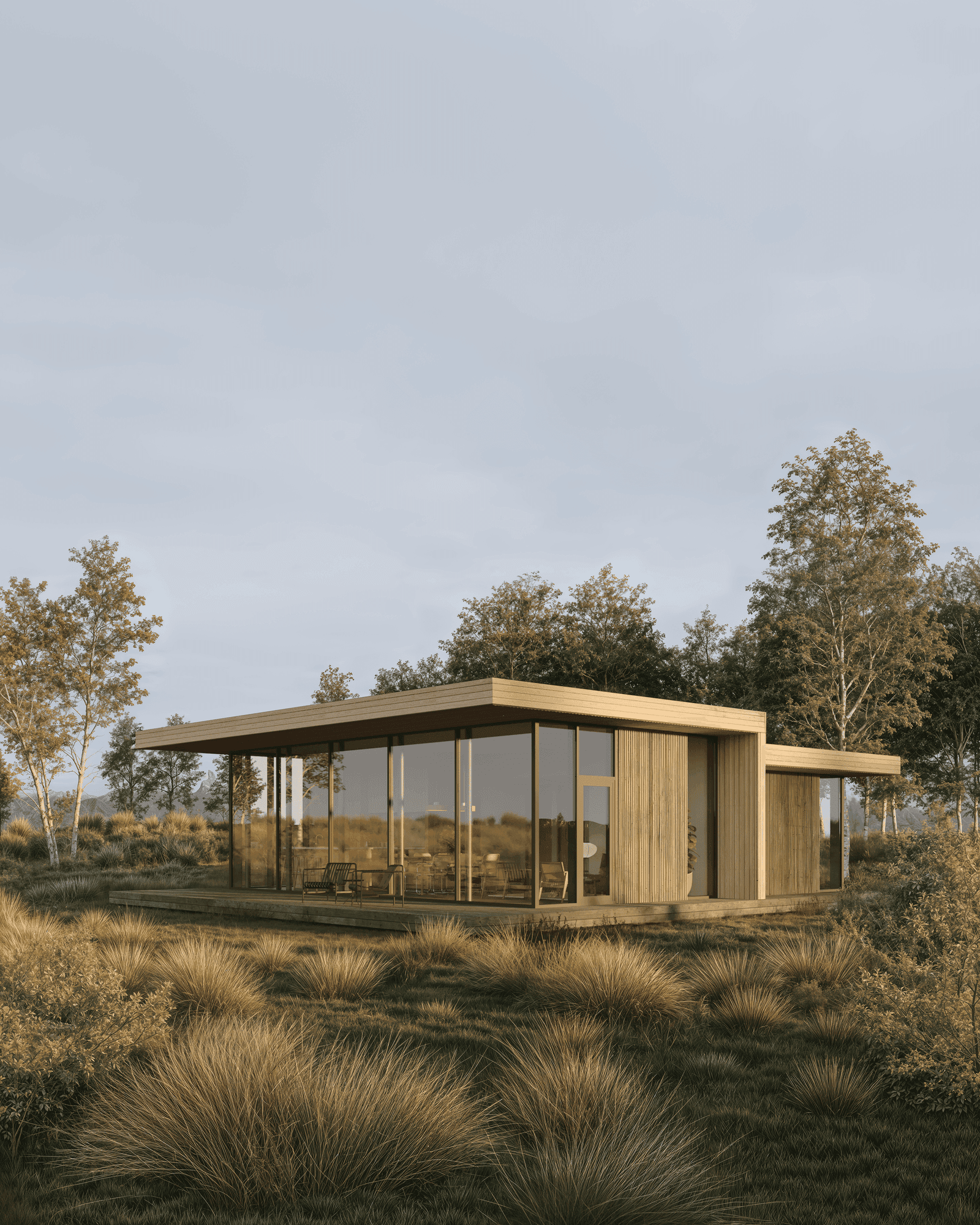 Den Outdoors Linear House prefab — a low modern prefab home in a meadow