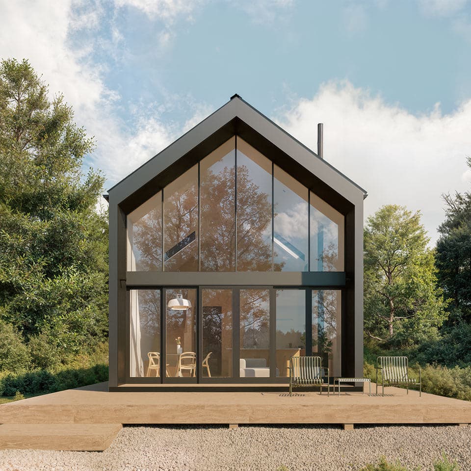 Den Outdoors Modern Alpine — a modern glass-gable cabin set in the trees