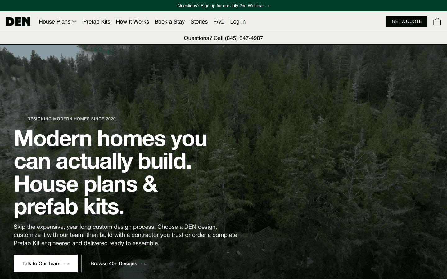 Den Outdoors storefront — modern house plans and prefab kits you can actually build