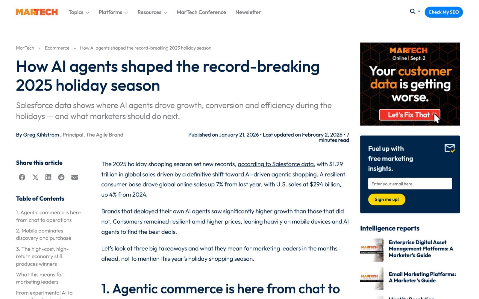 MarTech article: How AI agents shaped the record-breaking 2025 holiday season, reporting Salesforce's $1.29 trillion holiday data