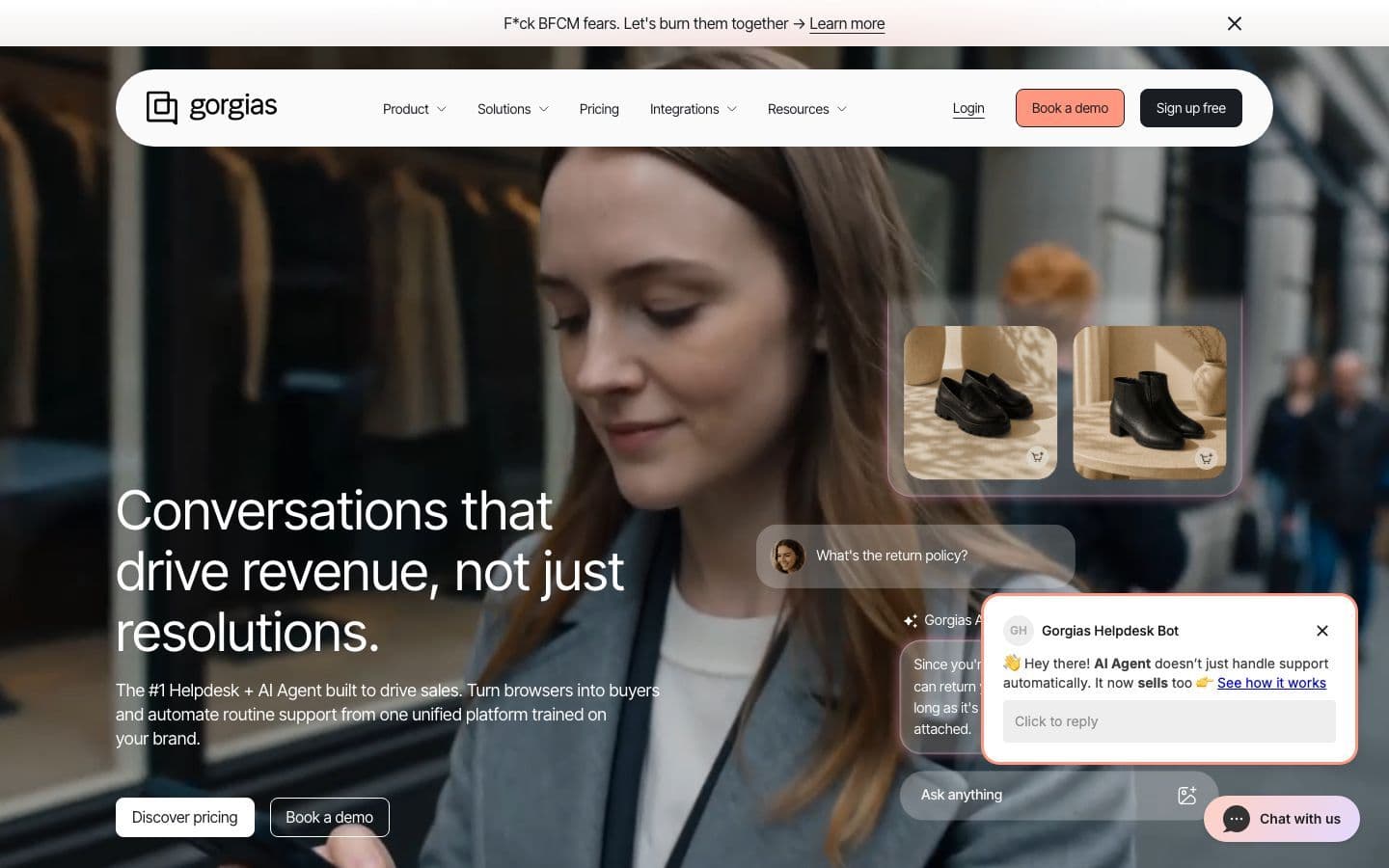 Gorgias homepage with the headline "Conversations that drive revenue, not just resolutions" and a chat widget saying the AI Agent does not just handle support automatically, it now sells too