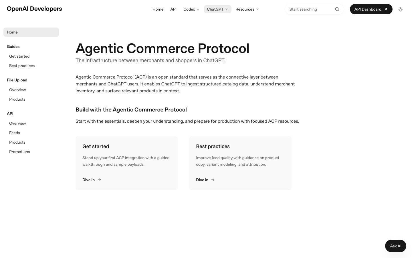 OpenAI developer documentation for the Agentic Commerce Protocol, described as the infrastructure between merchants and shoppers in ChatGPT, with guides for feeds, products, and best practices