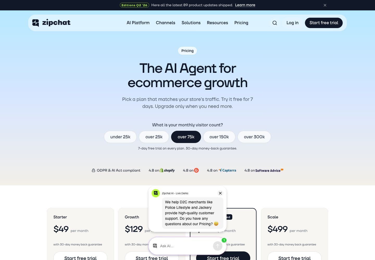 Zipchat pricing page titled "The AI Agent for ecommerce growth" with plans from $49 to $499 per month sized by monthly visitor count, each with a 7-day free trial and 30-day money-back guarantee