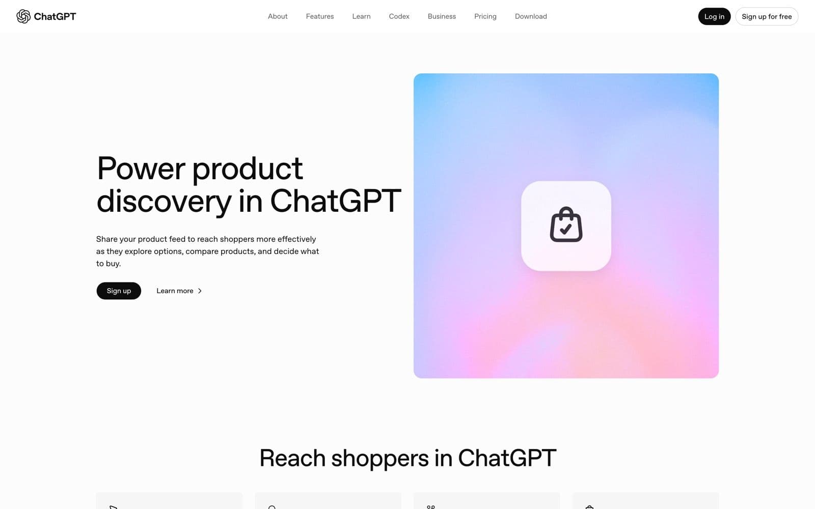 The ChatGPT Merchants portal at chatgpt.com/merchants: Power product discovery in ChatGPT, share your product feed to reach shoppers as they explore options, compare products, and decide what to buy