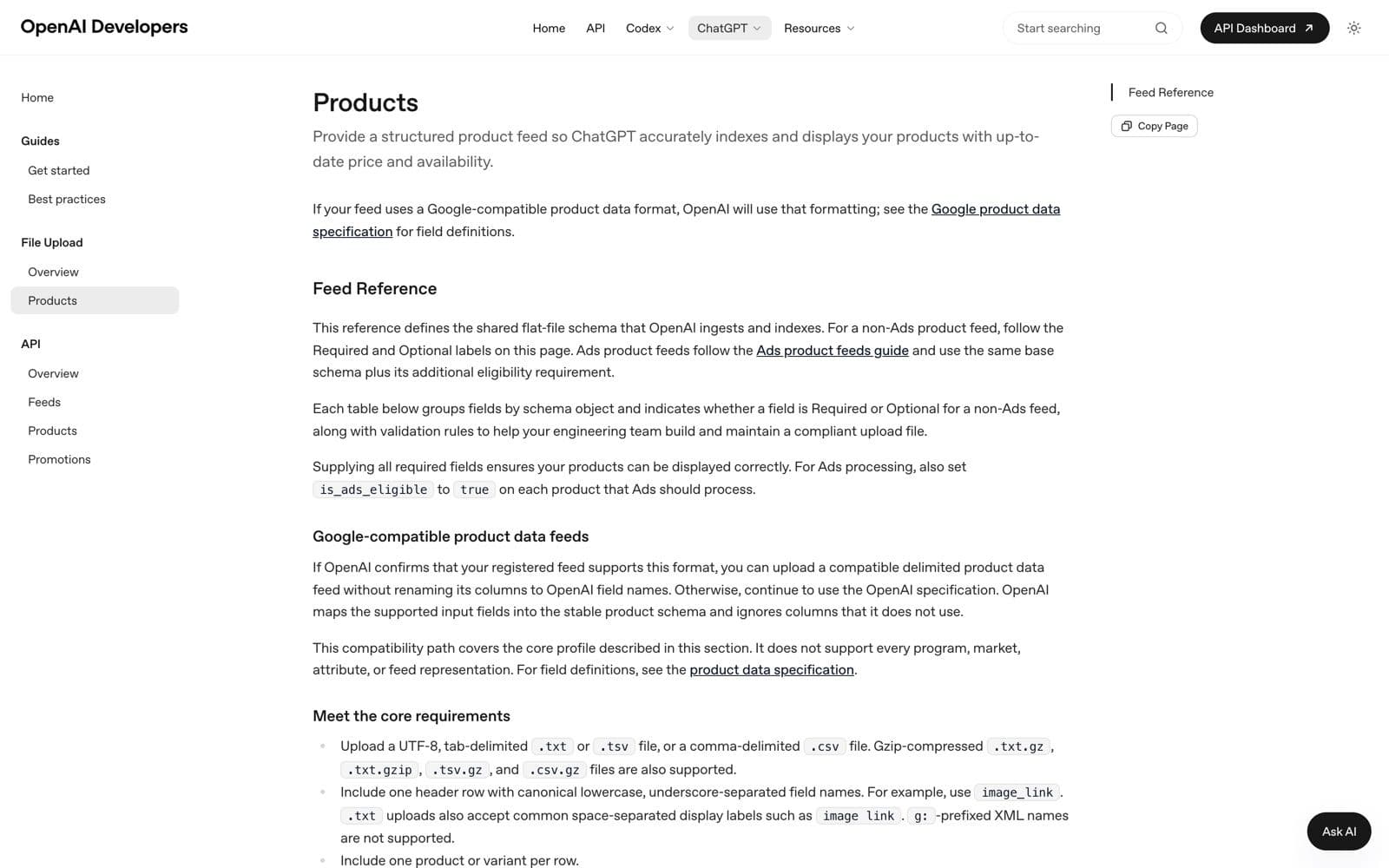 OpenAI Developers feed reference page: provide a structured product feed so ChatGPT accurately indexes and displays your products with up-to-date price and availability
