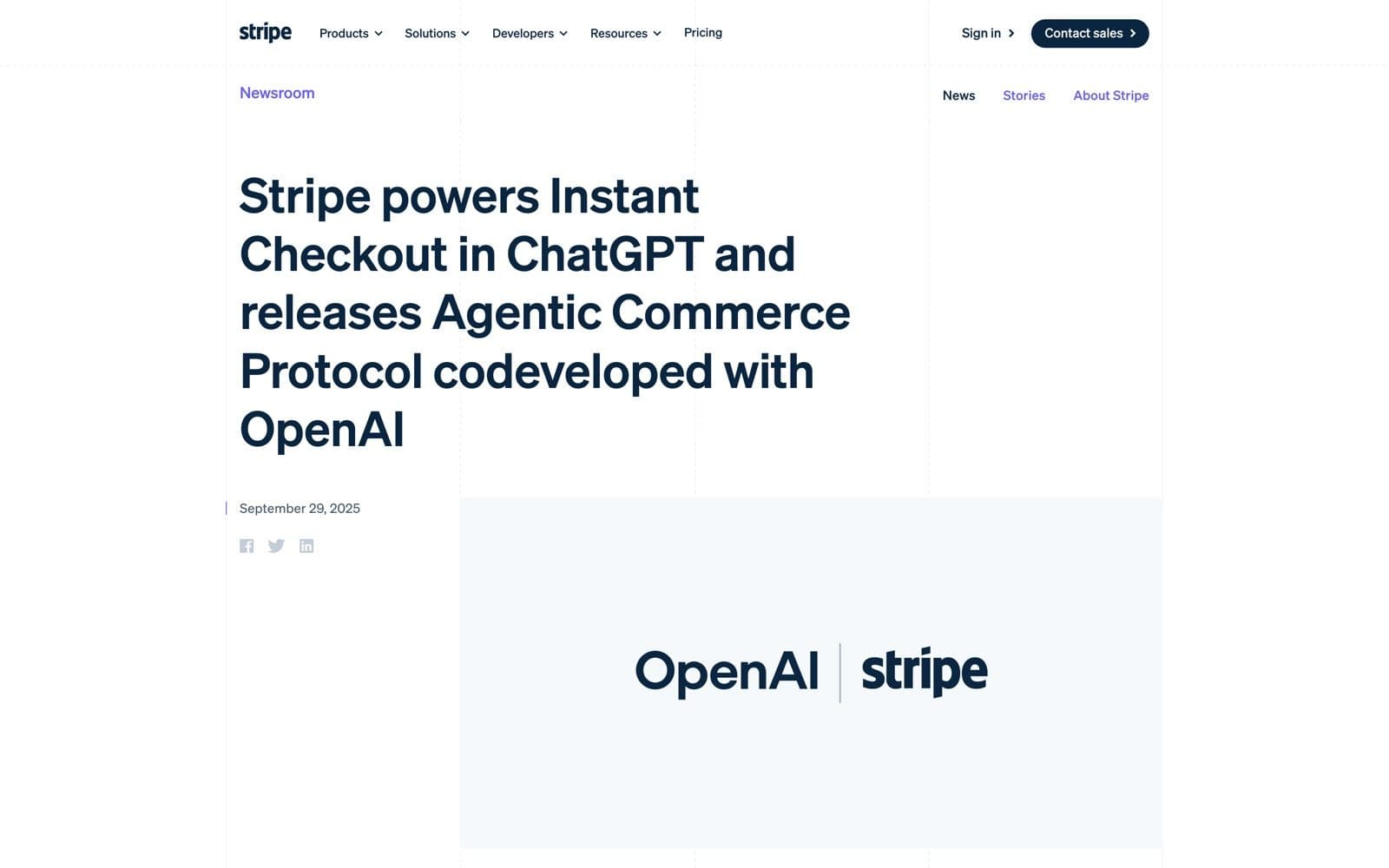 Stripe newsroom announcement: Stripe powers Instant Checkout in ChatGPT and releases Agentic Commerce Protocol codeveloped with OpenAI, September 29, 2025